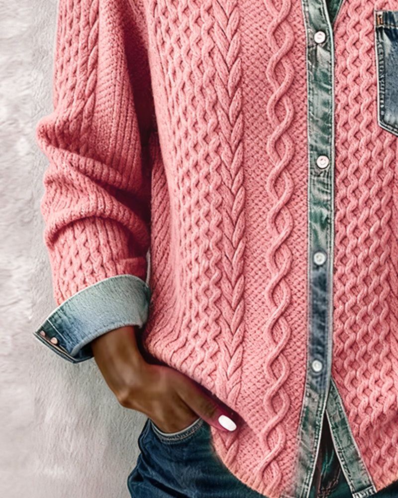 Women's collared button-front blouse featuring an elegant cable knit texture. Long-sleeve top for stylish comfort.