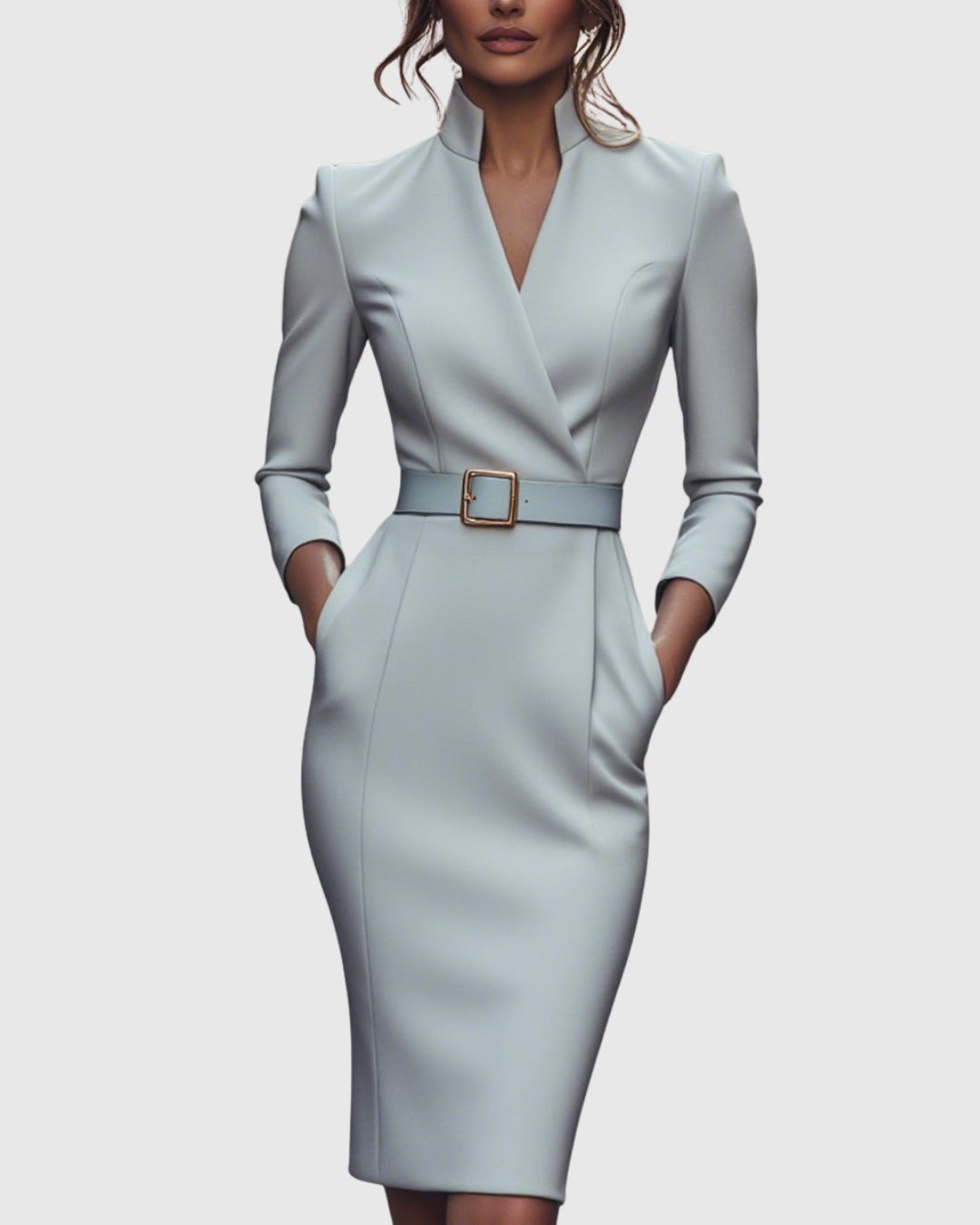 Women's fashionable midi dress, mock wrap style, with a flattering belt for all occasions.