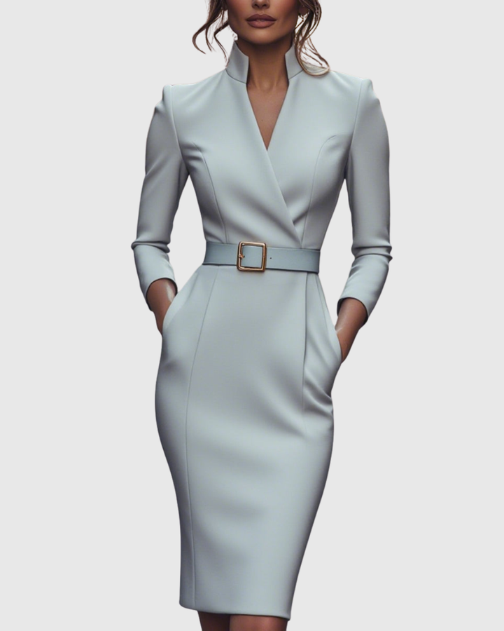 Women's fashionable midi dress, mock wrap style, with a flattering belt for all occasions.