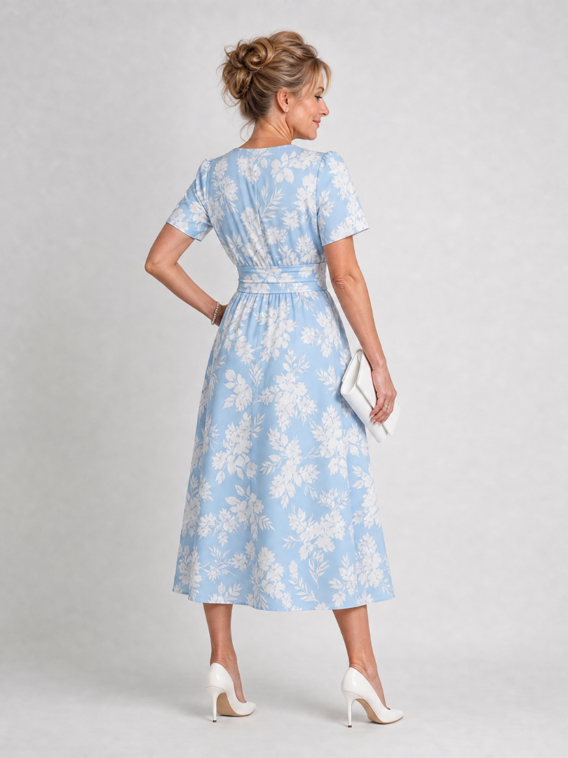 Elegant floral print midi dress for women. Features short sleeves & V-neck, great for casual outings.
