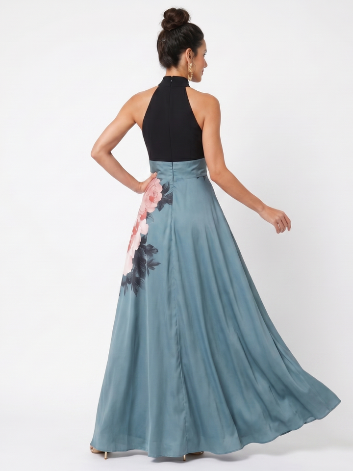 Flowy floral halter maxi dress for women, elegant spring/summer occasion wear with a stylish front slit.