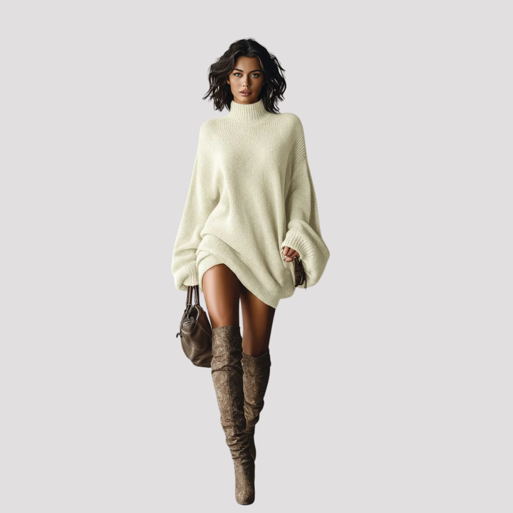 Long sleeve oversized knit mini dress for women, featuring a comfortable turtleneck and relaxed fit, cozy for fall.