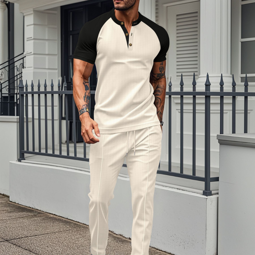 Modern men's coordinated two-piece set: contrast Henley top and comfy joggers for everyday casual wear & loungewear.