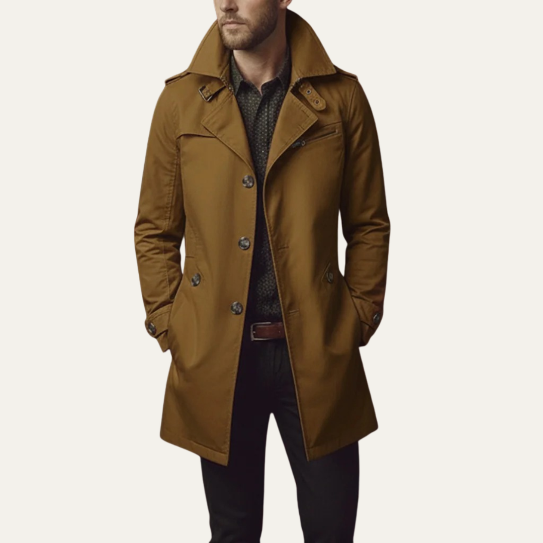 Close-up of men's double-breasted pea coat, showcasing premium wool blend fabric and elegant details.
