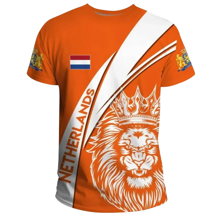 Vibrant 3D Netherlands flag print on a men's t-shirt. Limited 2024 Edition, perfect for national pride.