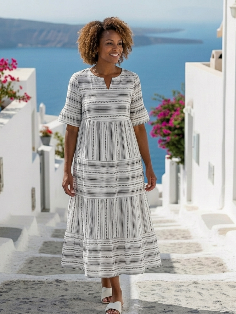 Striped tiered midi dress for women, short sleeve & relaxed fit. Versatile white casual summer everyday wear.