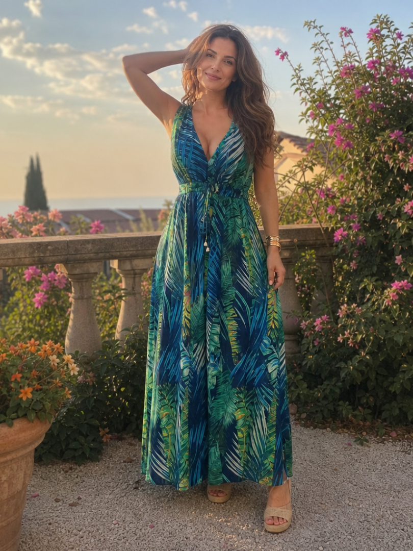 Tropical print sleeveless midi dress for women, empire waist, offering effortless summer style and comfort.