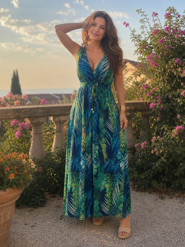 Tropical print sleeveless midi dress for women, empire waist, offering effortless summer style and comfort.