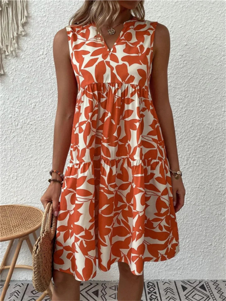 Sleeveless V-neck floral print maxi dress, a comfortable and elegant flowy summer dress for women.