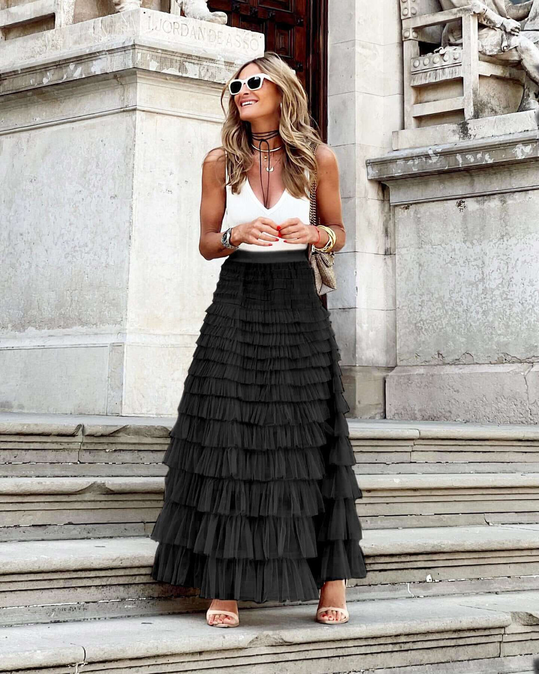 Women's Layered Tulle Midi A-Line Skirt