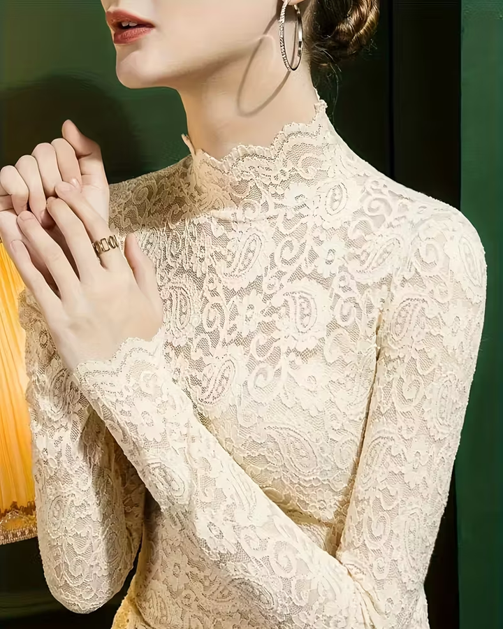 Elegant solid color women's lace blouse with stand collar & long sleeves.