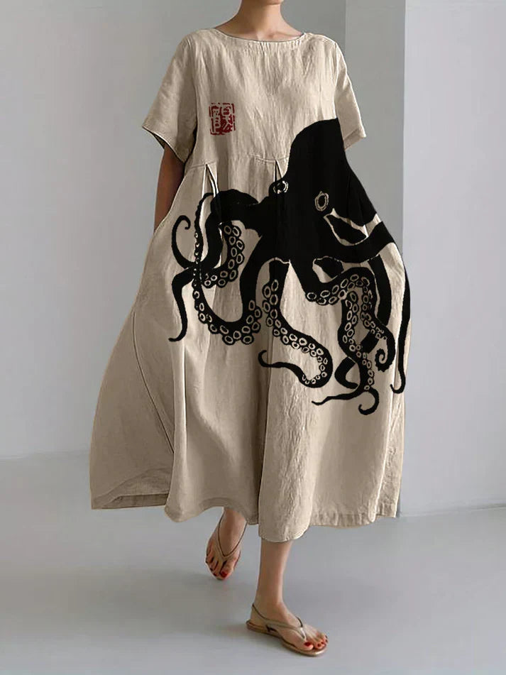 Flowing women's maxi dress featuring a distinctive Japanese octopus print. Versatile and elegant long dress for summer fashion.