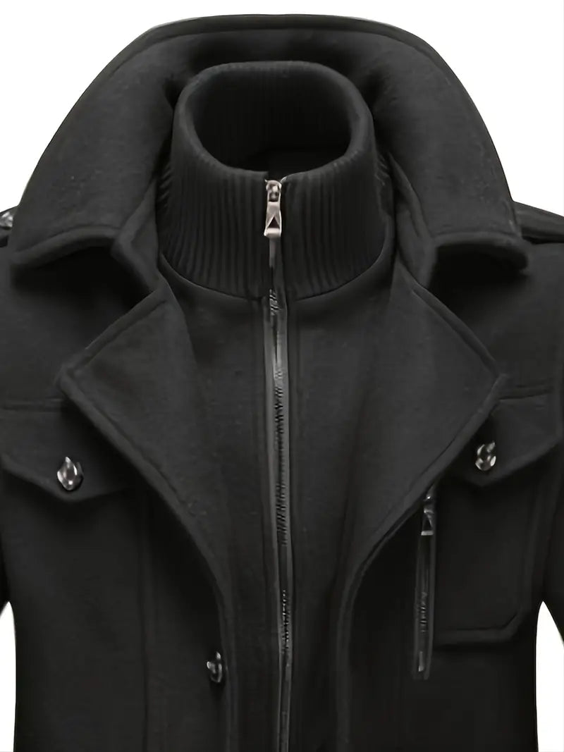 Tailored double breasted men's pea coat with wide lapels, providing classic style & winter warmth.