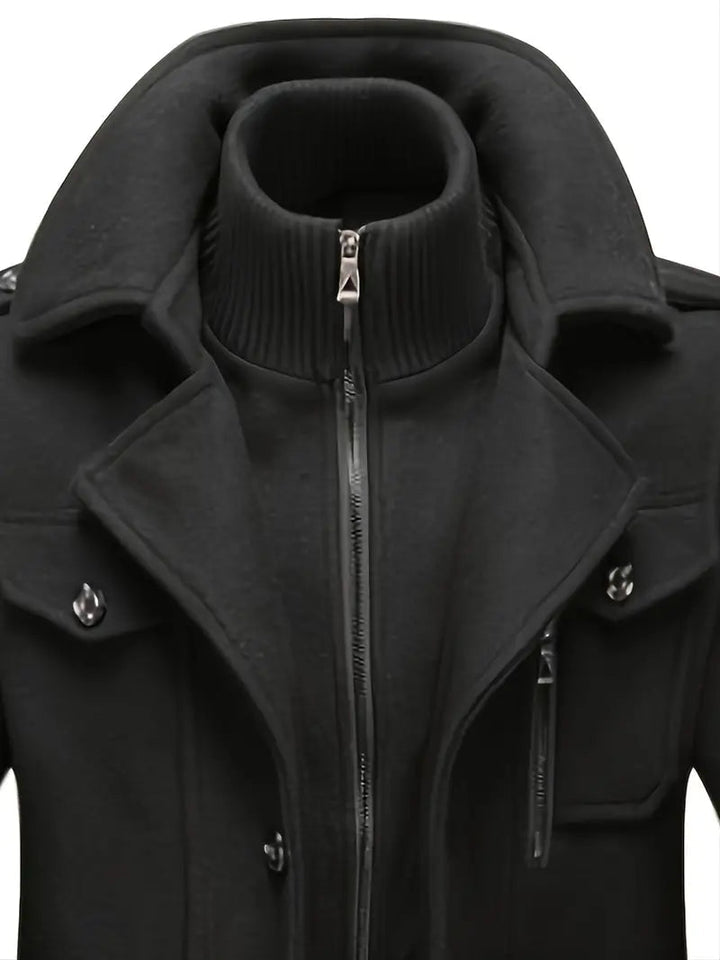 Tailored double breasted men's pea coat with wide lapels, providing classic style & winter warmth.