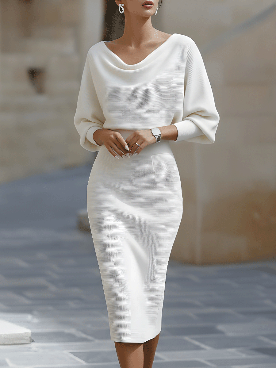 Stylish women's round neck midi dress, elegant batwing sleeves, great for chic daily or occasion wear.
