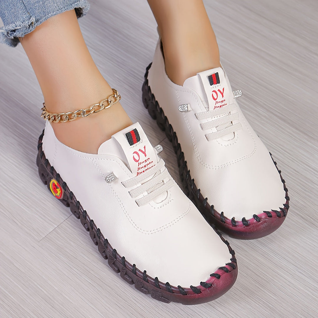 Women's comfortable round toe shoes paired with a casual outfit, highlighting everyday style.