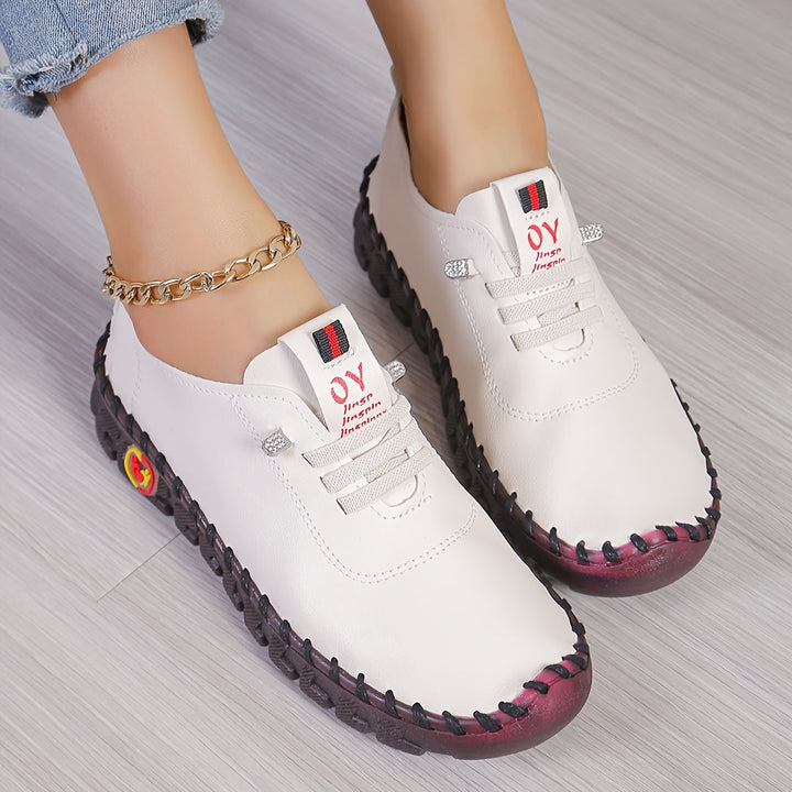 Women's comfortable round toe shoes paired with a casual outfit, highlighting everyday style.