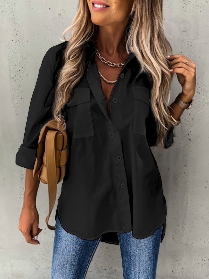 Comfortable women's versatile button-down blouse with lapel collar. Ideal for casual or elegant wear.