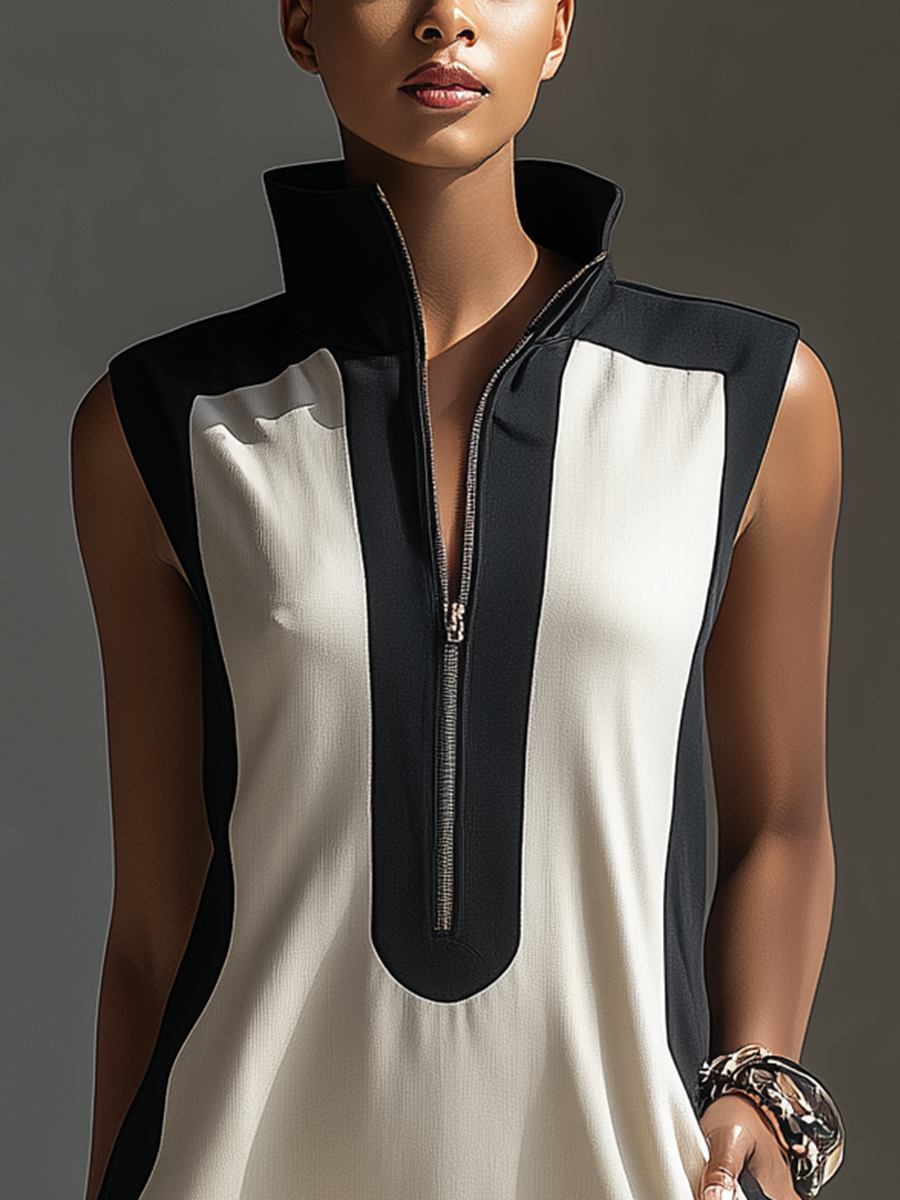 Modern women's half-zip bicolor mini dress in black & white. Sleeveless, bodycon silhouette, perfect for chic occasions.