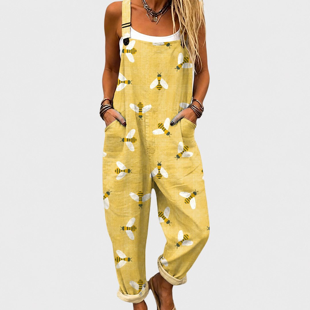 Women's comfortable floral print wide leg jumpsuit/overalls with adjustable straps for casual summer style.