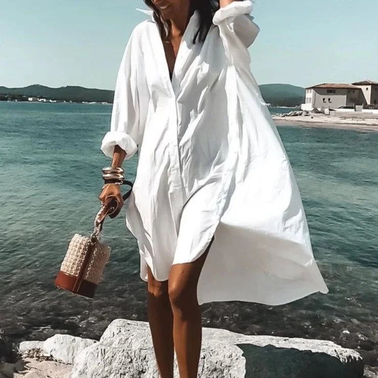 Women's casual midi shirt dress with polo collar, perfect for everyday summer wear.
