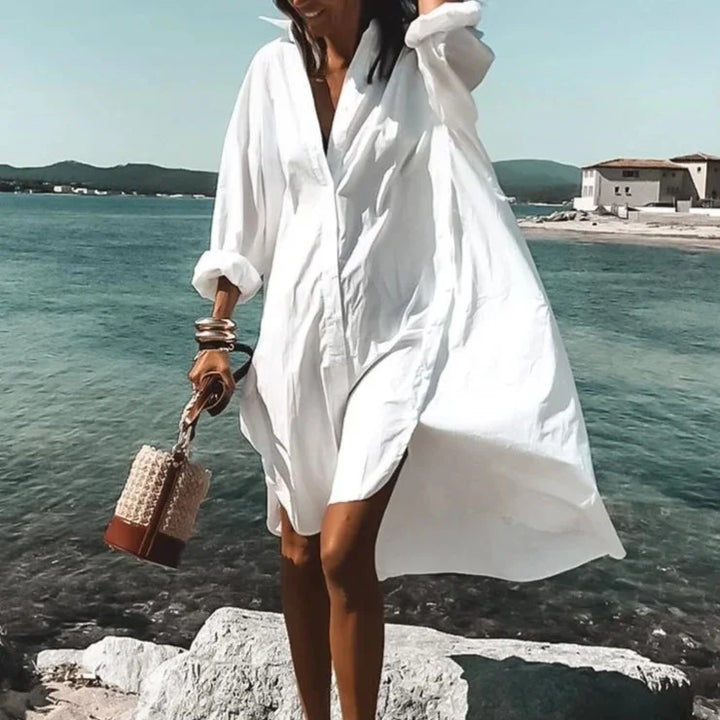 Women's casual midi shirt dress with polo collar, perfect for everyday summer wear.