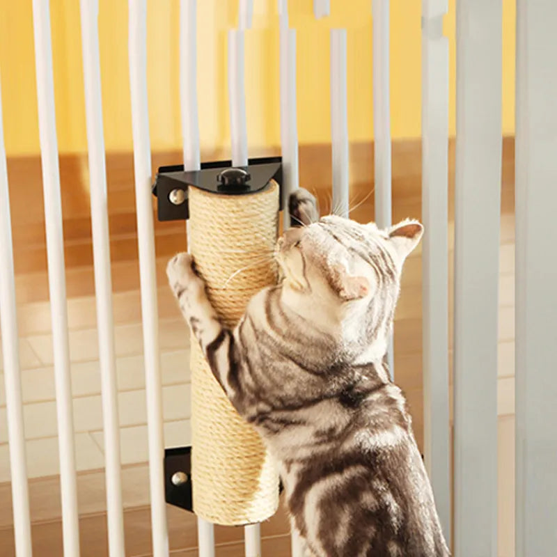 Cat's wall-mountable sisal scratching roller for door frames, protecting furniture & enriching feline play.