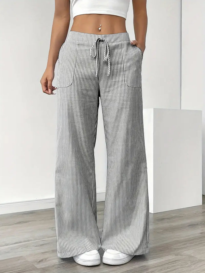 Spring fashion: Women's comfortable wide leg striped pants, drawstring.