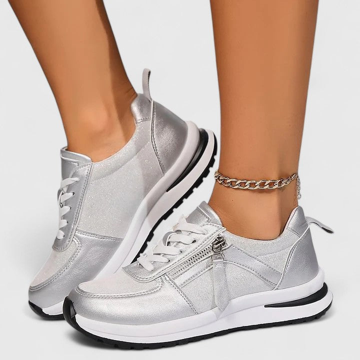 Non-slip women's walking sneakers, designed for comfort with arch support and an elegant, casual look.
