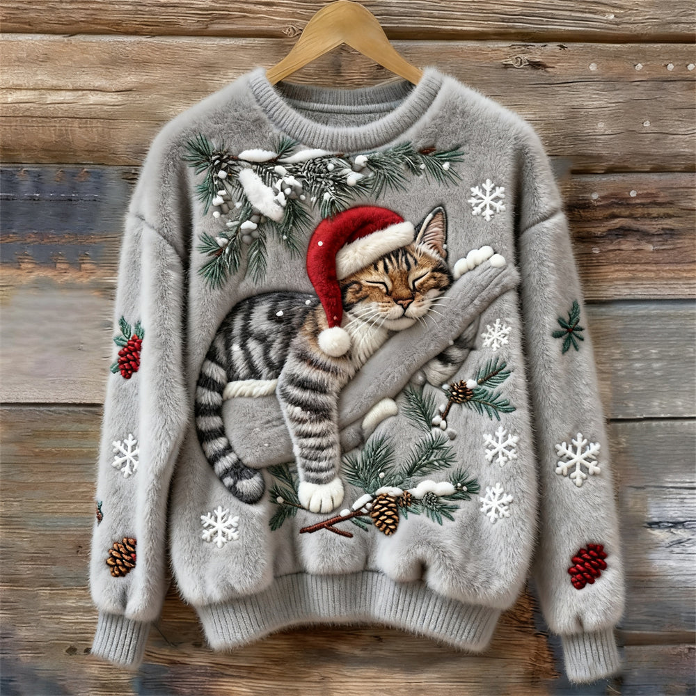 Women's festive crew neck sweater with cute cat print, perfect for holiday fashion and cozy winter wear.