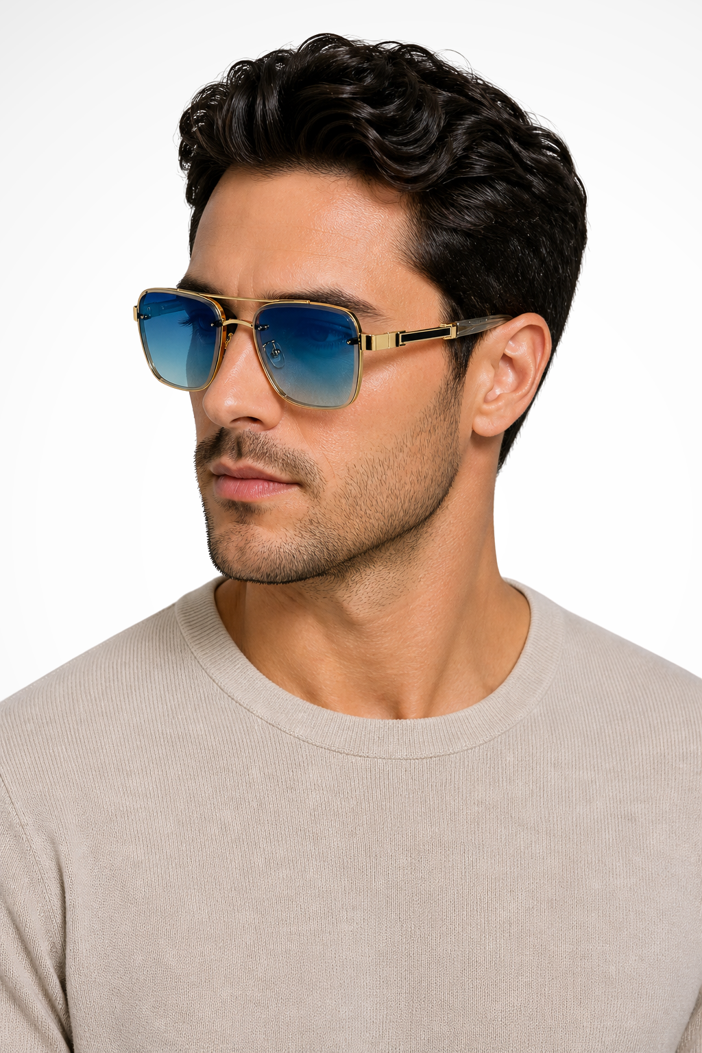 Classic aviator square sunglasses for men, featuring a sleek gold metal frame & gradient lenses.