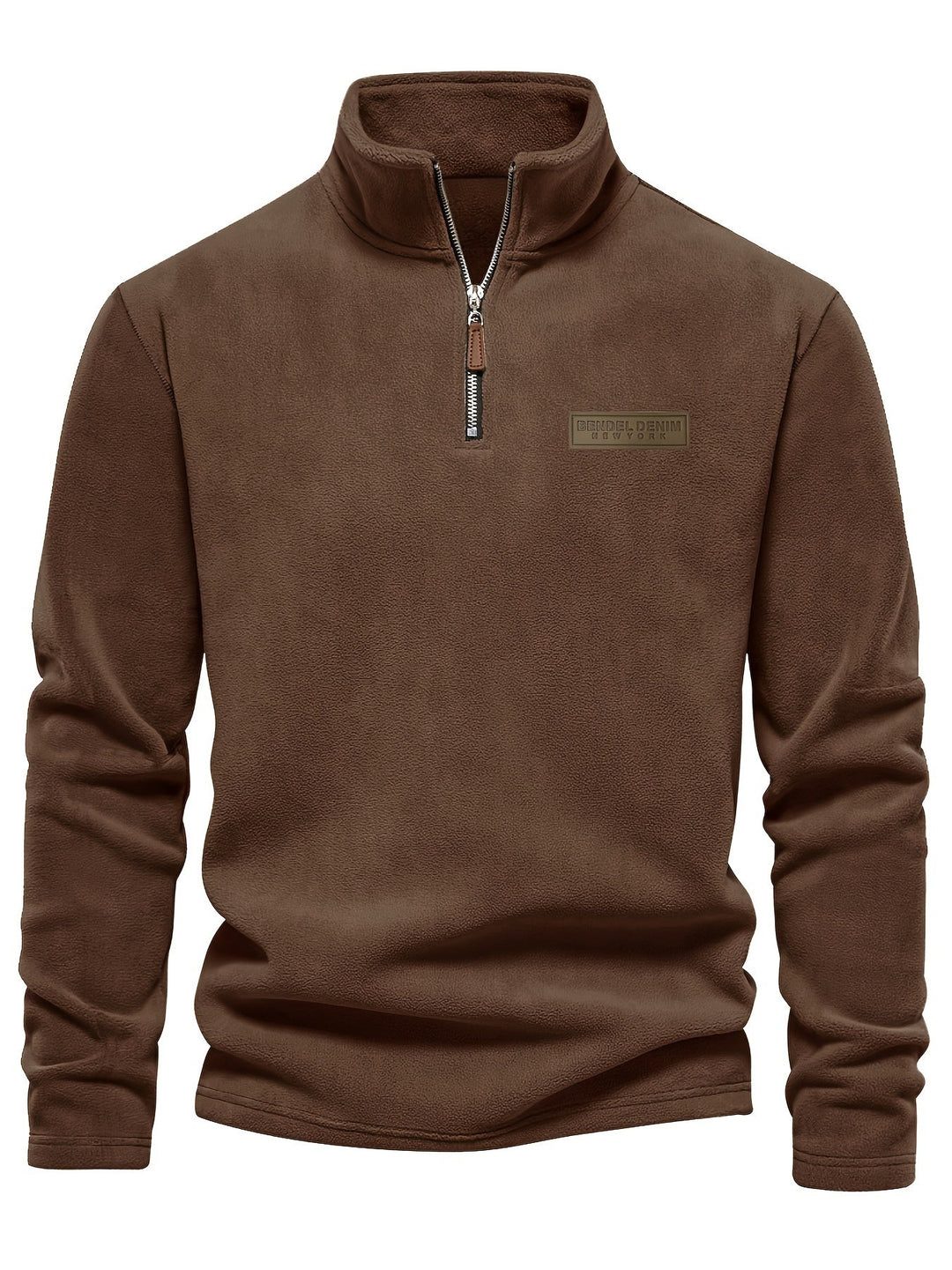 Model wearing a cozy unisex fleece half-zip pullover, enjoying ultimate warmth on a cold winter day.