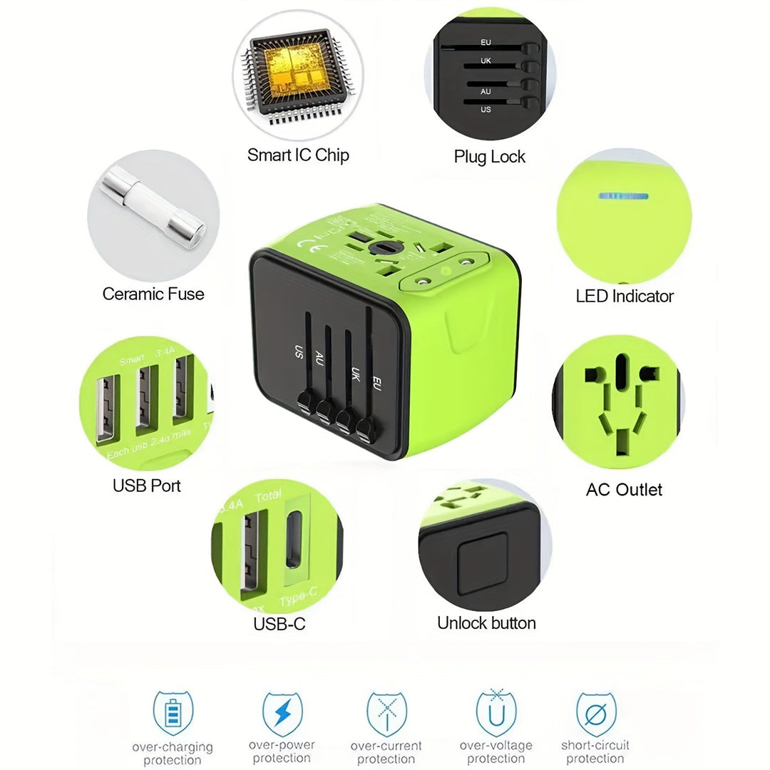 Travel adapter compatible worldwide, featuring 4 USB & Type-C ports for fast charging multiple electronics.