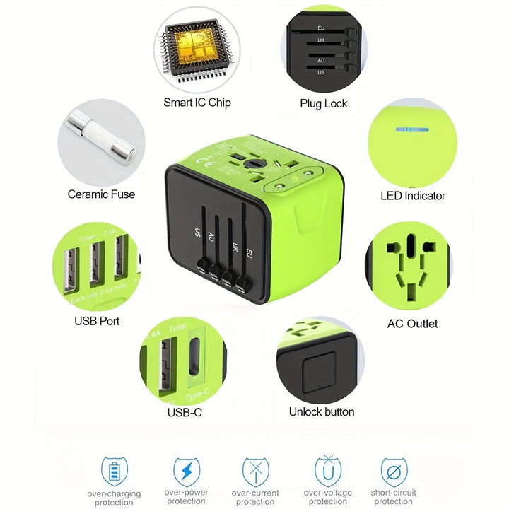 Travel adapter compatible worldwide, featuring 4 USB & Type-C ports for fast charging multiple electronics.