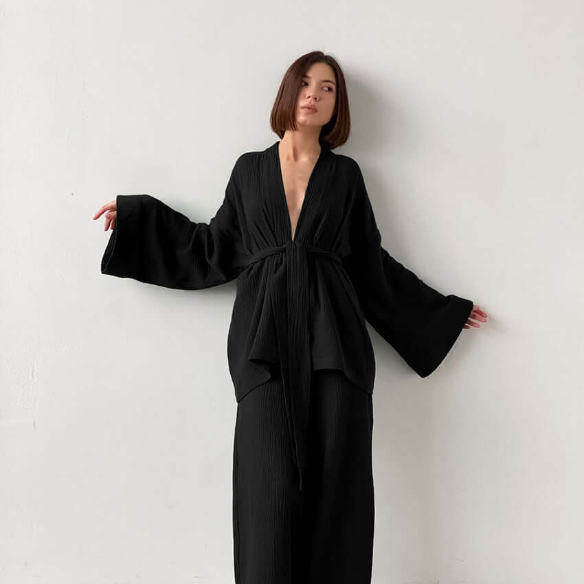 Women's V-Neck Top & Wide-Leg Trousers Set