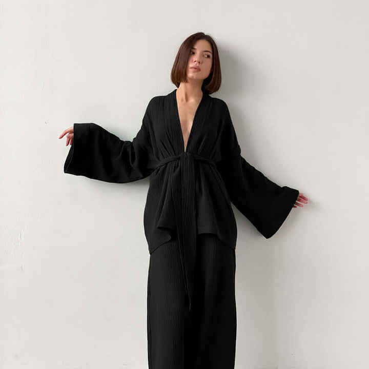 Women's V-Neck Top & Wide-Leg Trousers Set