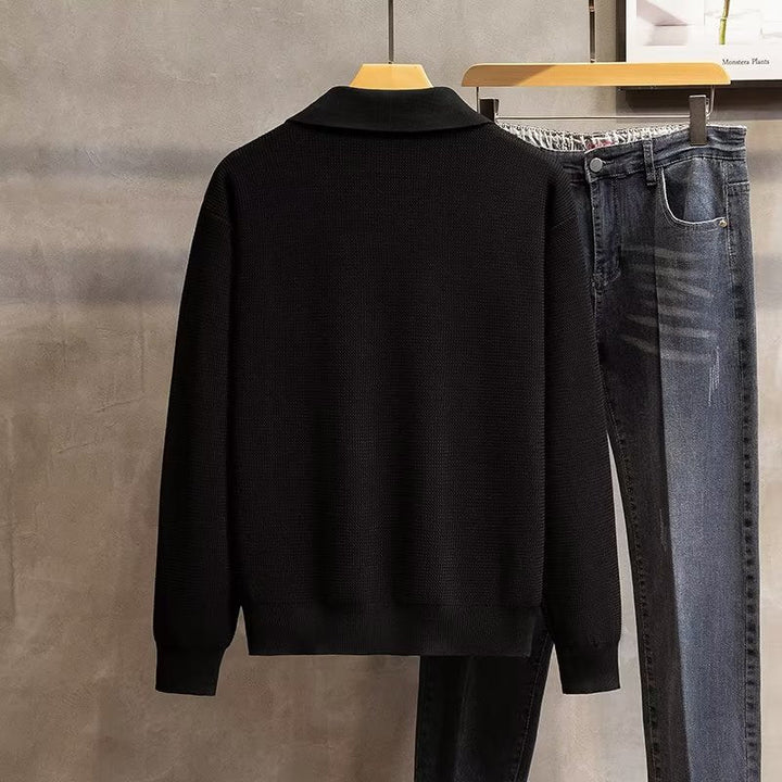 Modern men's ribbed knit polo sweater, long sleeve, offering a comfortable and smart casual look.