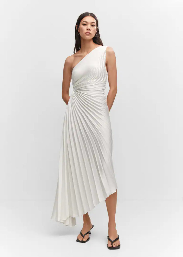 Party dress for women, elegant one-shoulder pleated midi design.