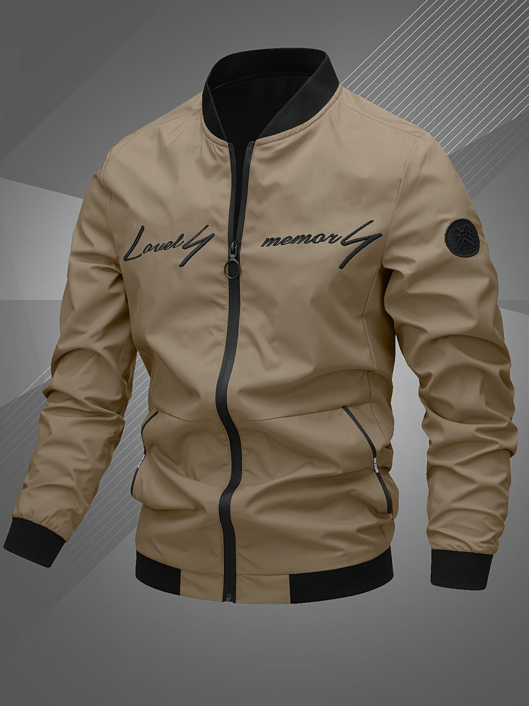 Back of a men's stylish bomber jacket, showcasing its clean lines and comfortable fit, modern fashion.