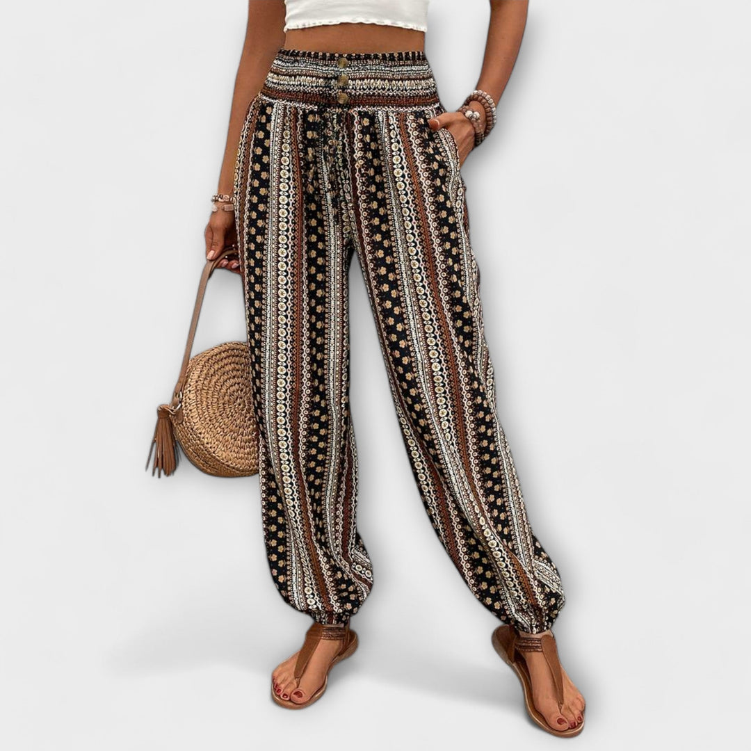 Women's comfortable ethnic graphic print trousers, perfect for versatile casual wear.