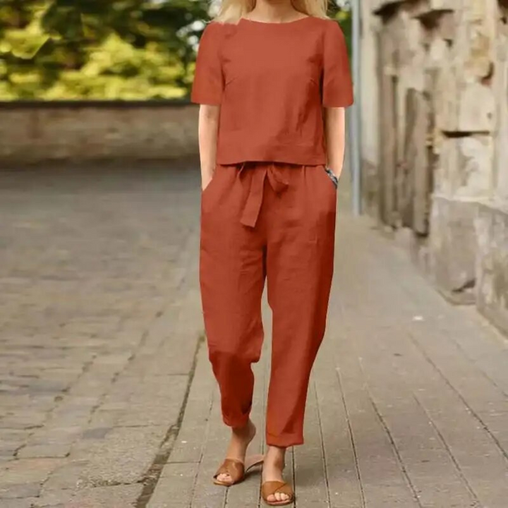 Comfortable women's linen two-piece outfit. Elegant and casual summer set, great for beach, travel, or everyday.