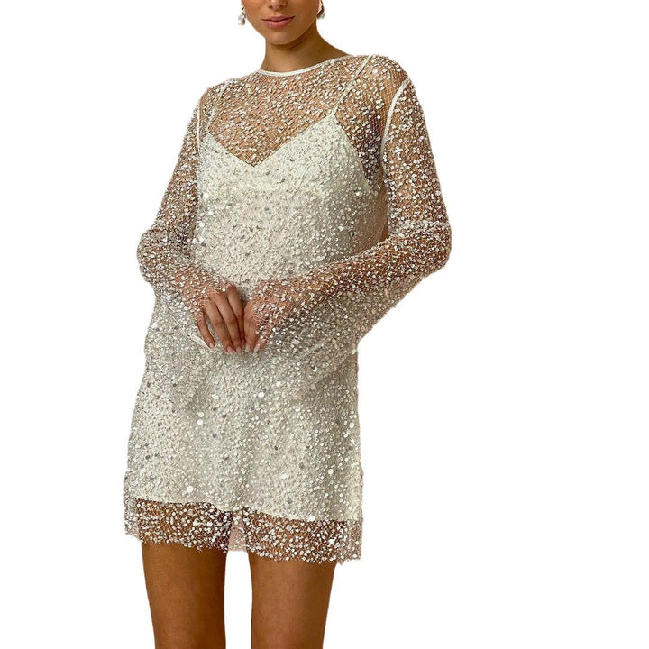 Stylish women's sheer pearl mesh two-piece sling dress, perfect for evening wear & chic fashion events.