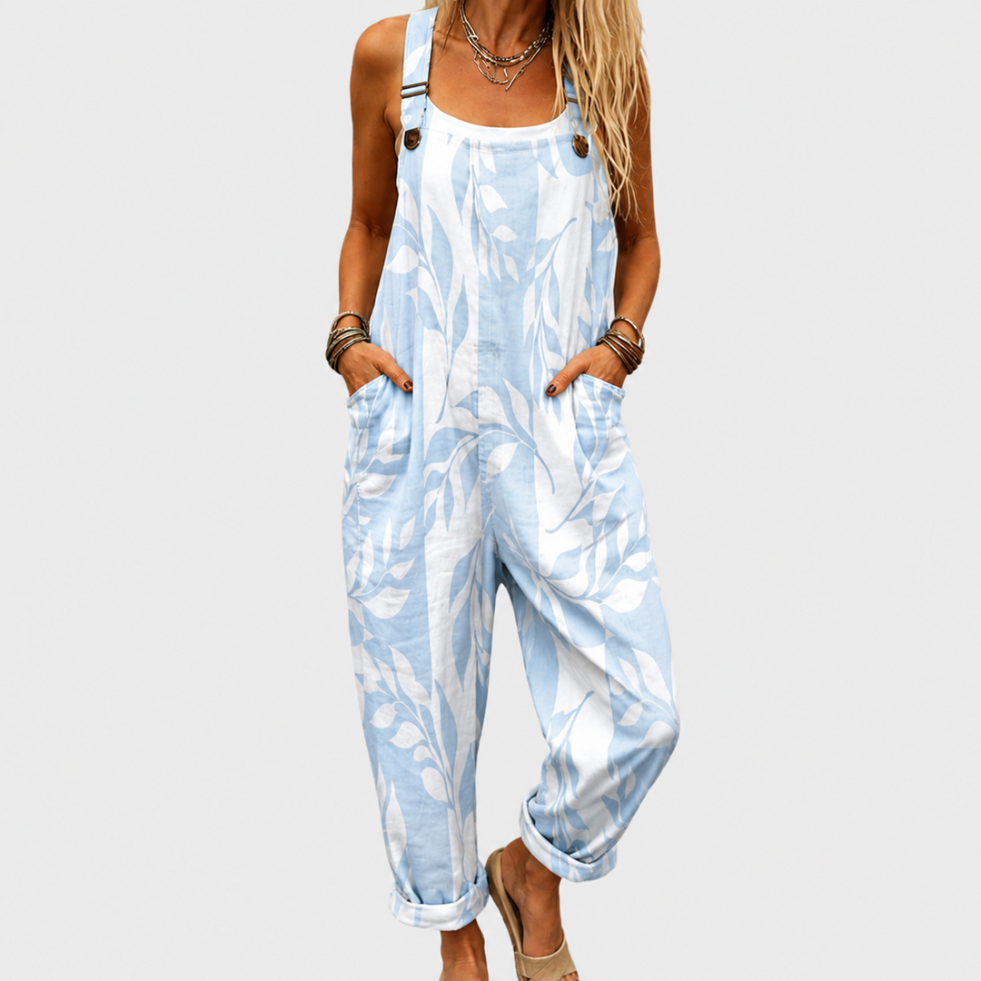 Women's comfortable floral printed wide-leg jumpsuit with adjustable straps, perfect for casual summer wear and travel.
