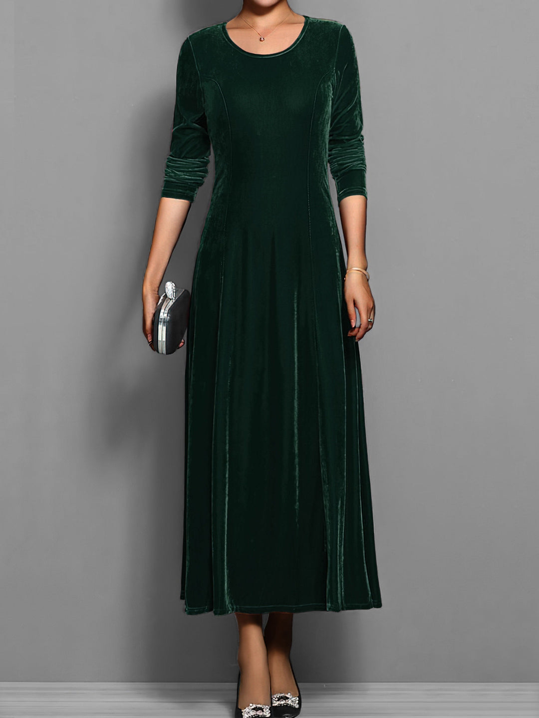 Women's elegant full-length maxi dress with long sleeves & a beautiful flared silhouette, day to evening wear.