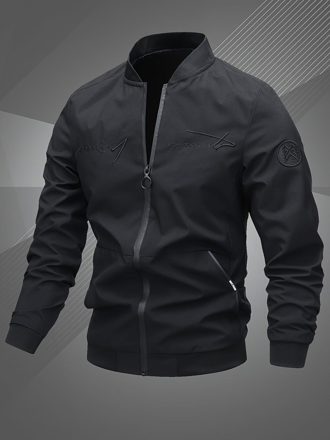 Stylish men's outerwear: a versatile zip-up bomber jacket with a distinctive logo.