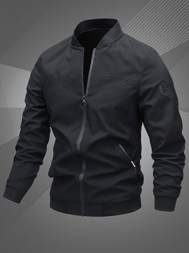 Stylish men's outerwear: a versatile zip-up bomber jacket with a distinctive logo.