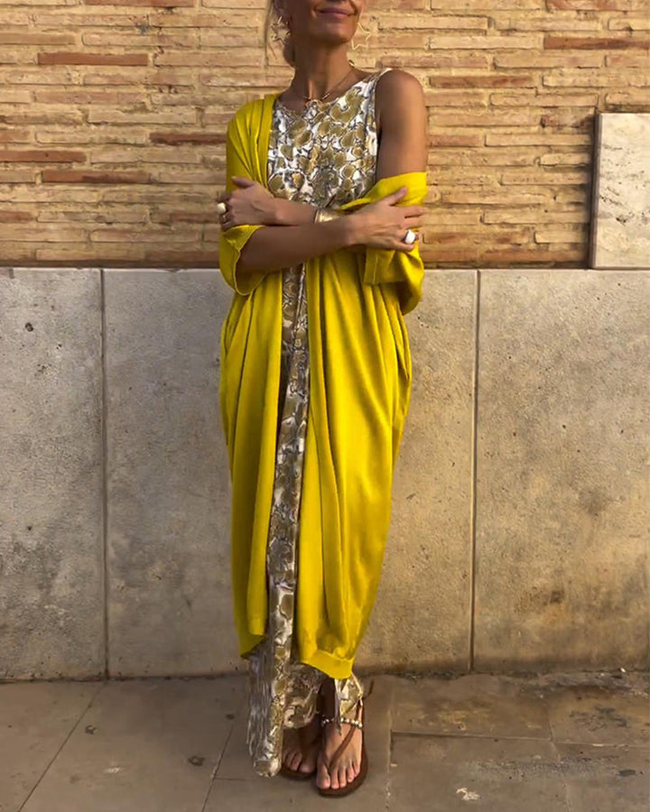 Fashionable women's maxi dress with coordinated cardigan, a versatile elegant set for formal & summer wear.