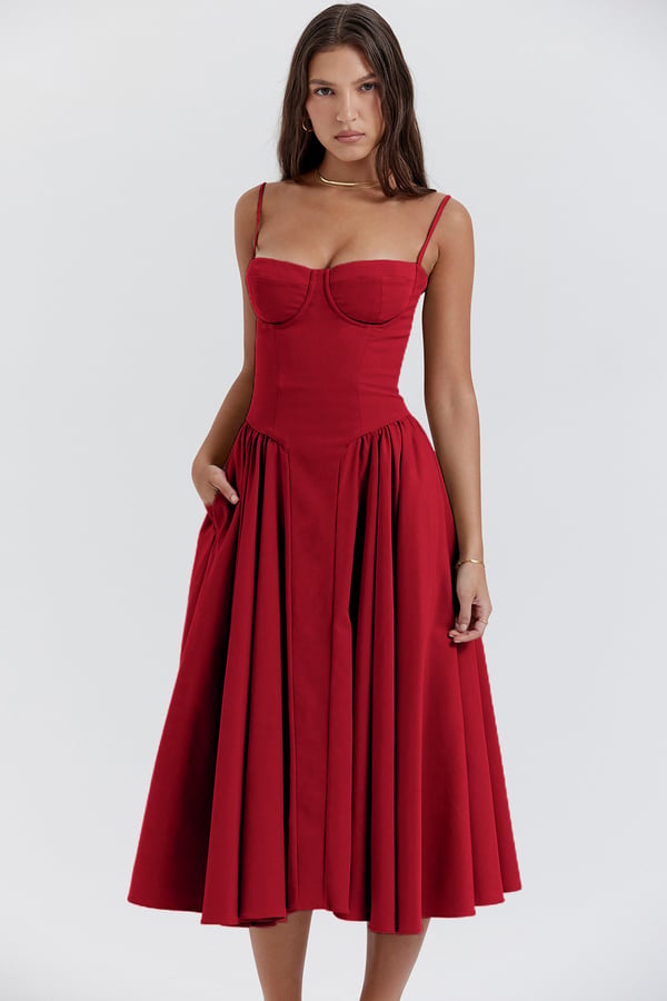Fashionable women's evening wear: sleeveless corset midi dress, perfect for formal events & parties.