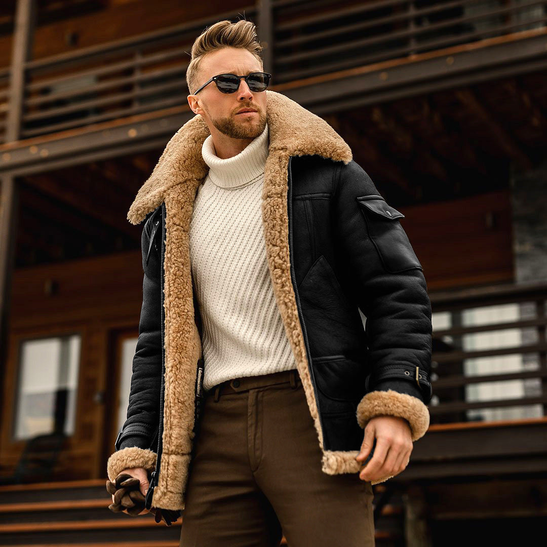 Rugged men's aviator jacket, crafted from genuine shearling for superior warmth and stylish winter fashion.