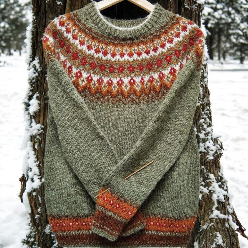 Women's vintage jacquard knitted vest, Icelandic print. Cozy winter sleeveless cardigan, perfect for layered fashion.
